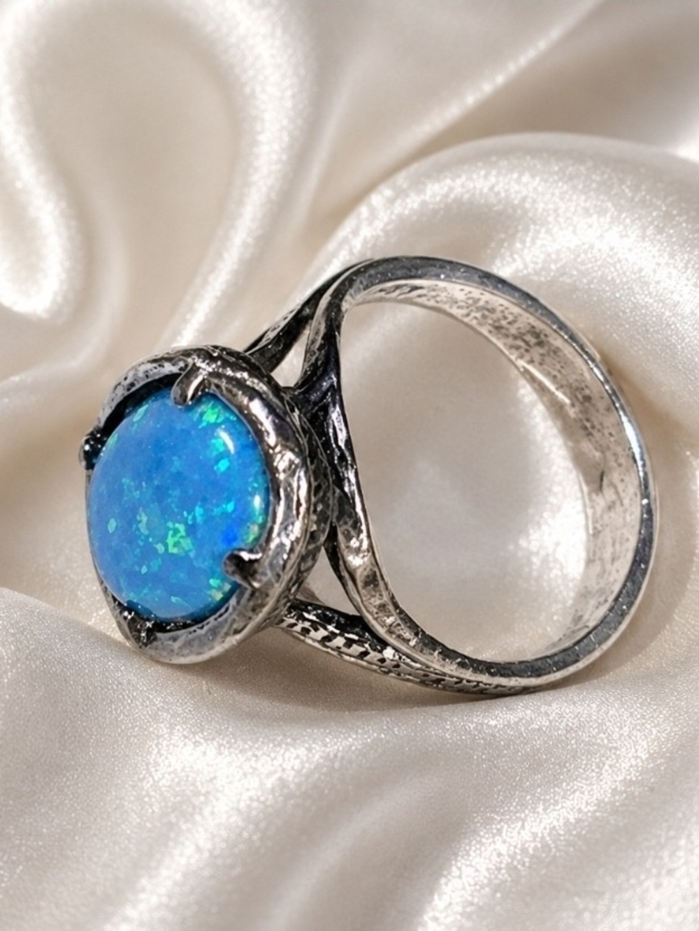 Shablool Israel 925 Sterling Silver Blue Opal Ring Size 8 Artisan Statement Ring